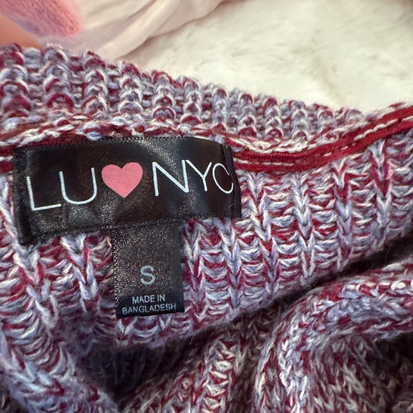 LU ♥ NYC Burgundy Lavender Lace-Up Sleeve Sweater Small | Off Shoulder Cozy Knit - Picture 12 of 12
